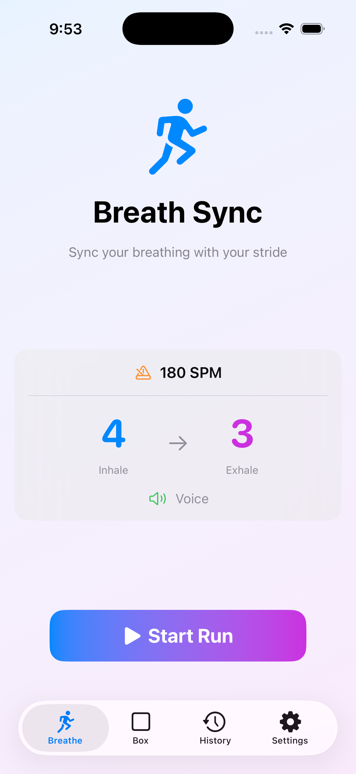 Runner's Breath app showing Breath Sync mode with 4:3 breathing pattern at 180 SPM
